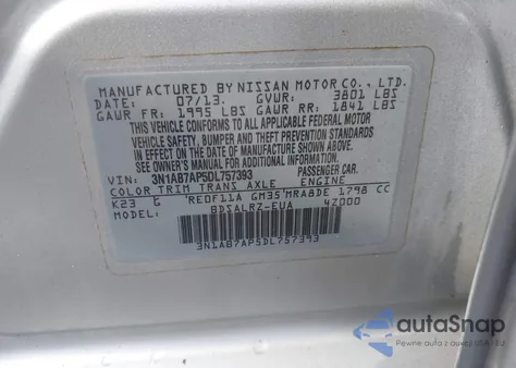 2013 Nissan Sentra Sr z USA, uszkodzony, nr VIN 3N1AB7AP5DL757393